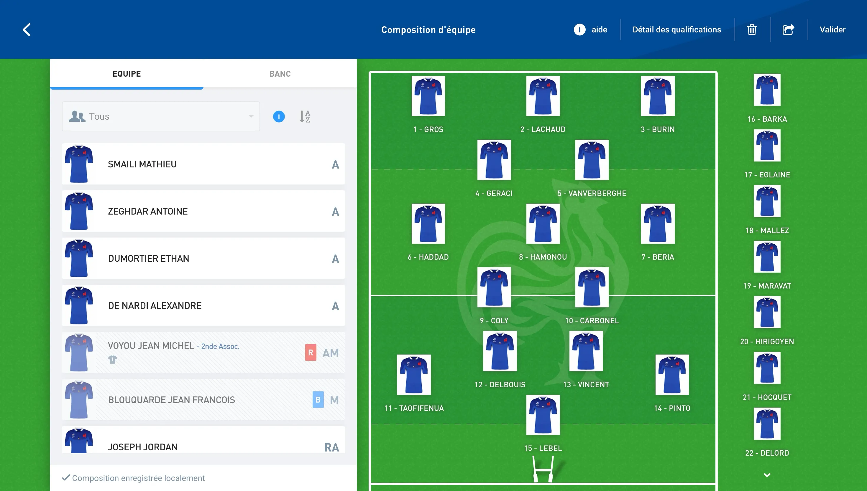 Placement des joueurs par glisser-déposer